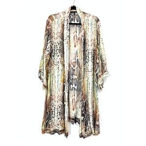 Olivaceous Snakeskin Abstract Print Kimono Cardigan Women's L Draped Open Front